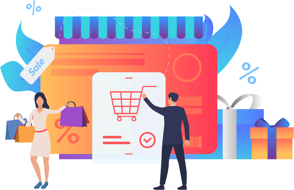 eCommerce with checking out and sales illustration